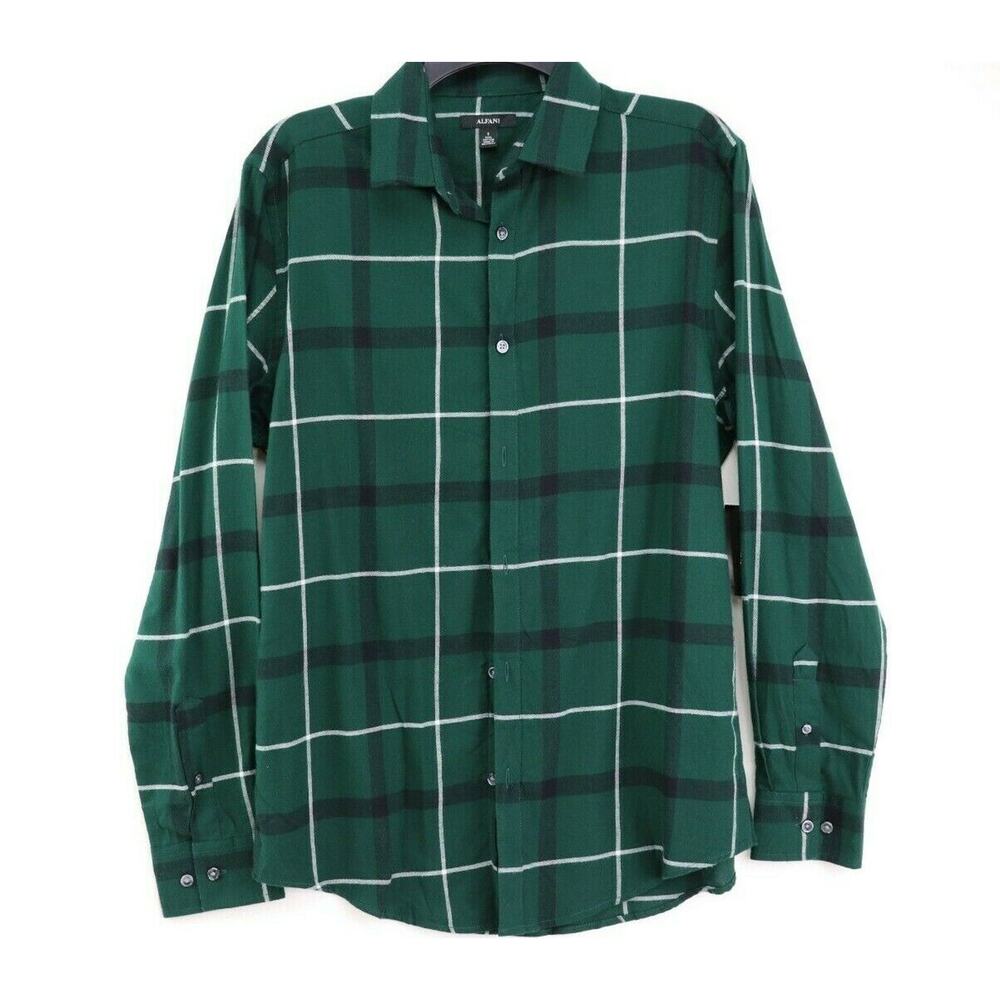 Alfani Mens Shirt Green Size Small Parsons Plaid Print Button Up MSRP $65